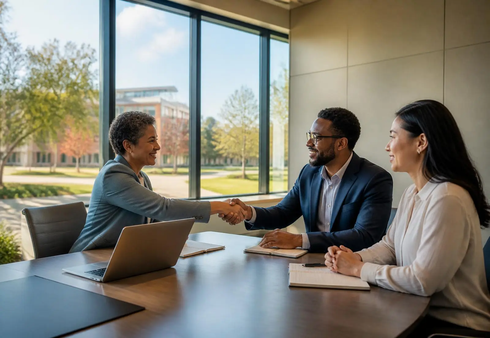 University career services leader meeting employer partners in a campus boardroom